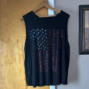 Black Sleeveless Top with Paisley and Star Design
